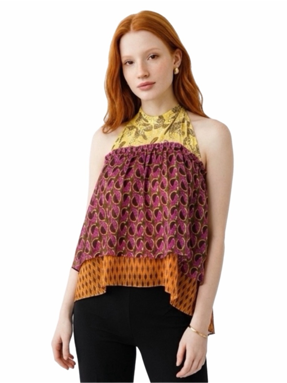 ZARA NWT Printed Flowy Halter Top Boho Metallic Layered Open Back Size XL